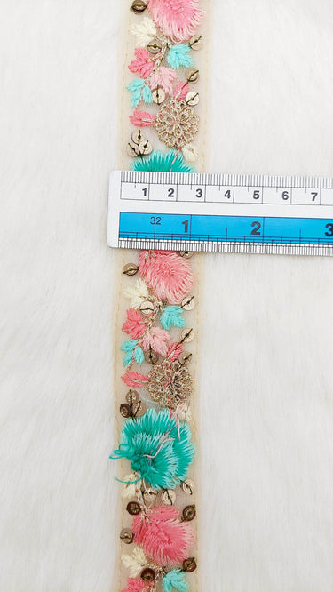 9 Yards Blue and Pink Soft Net Lace Trim Floral Embroidery and Gold Sequins, Floral Sari Border, Decorative Trim